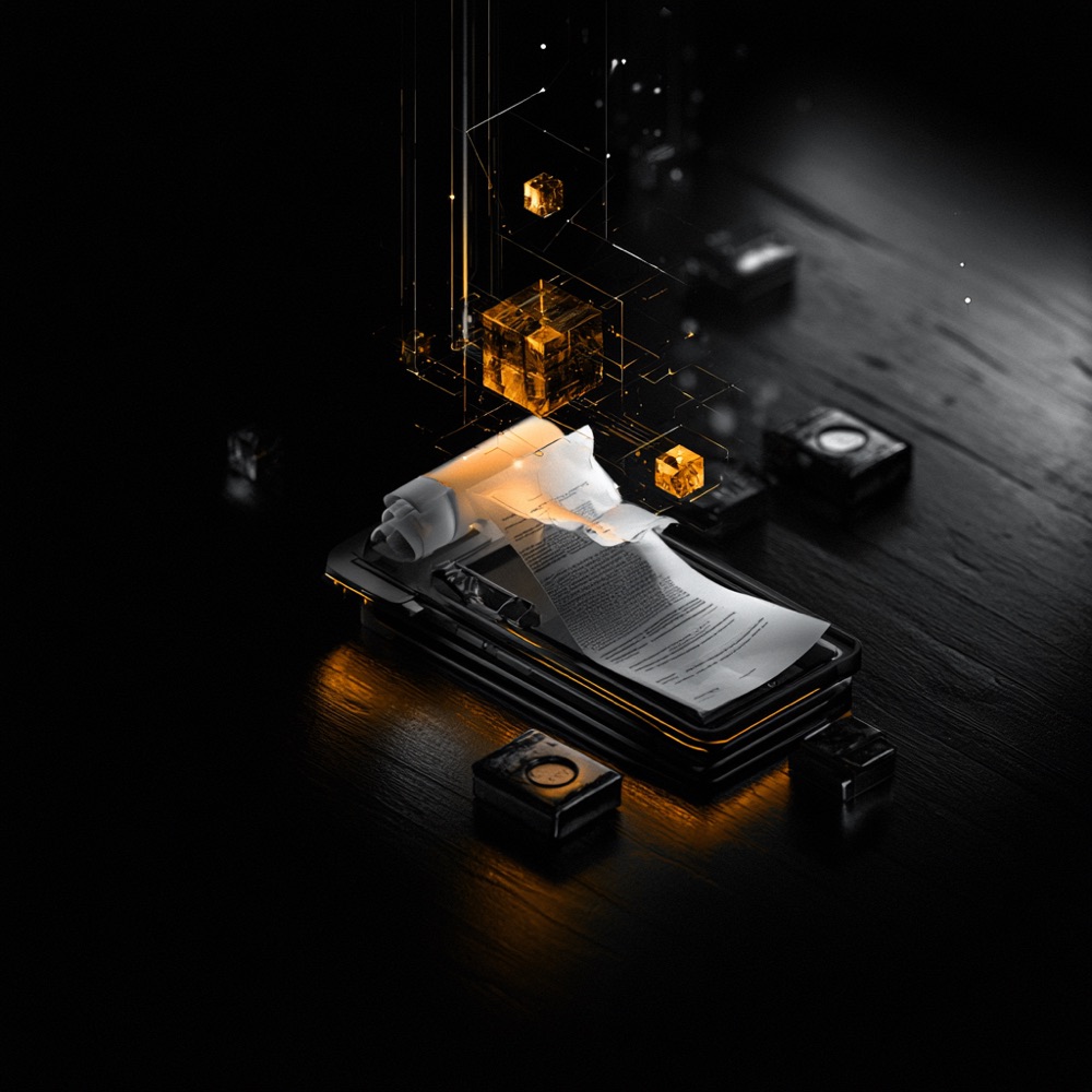 A printed agreement lifting off a dark desk in warm light, its clauses resolving into small amber blocks of structured data.