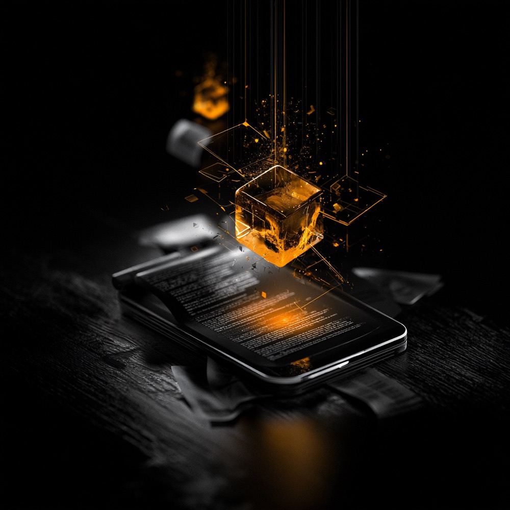 A single amber block forming in mid-air above a document on a dark desk, lit from within.