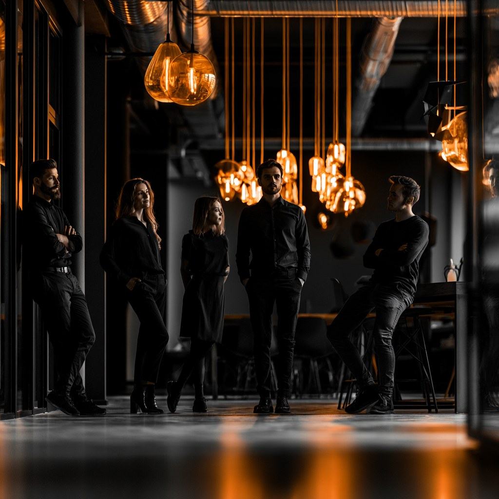 A small startup team standing together in a dark loft office.