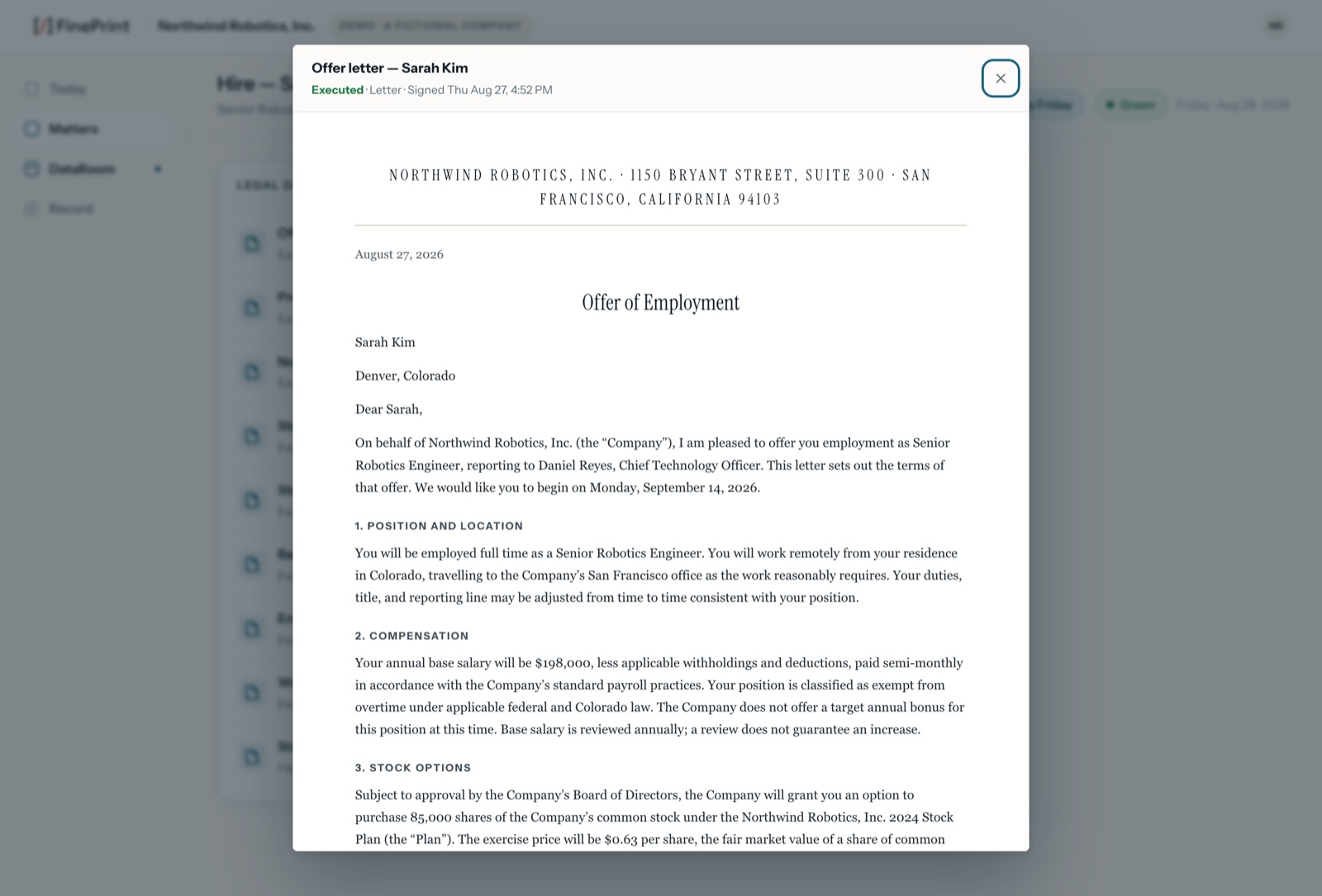 The executed offer letter for Sarah Kim on Northwind Robotics letterhead, dated August 27, 2026, with sections for position and location, compensation of $198,000, and stock options — an option to purchase 85,000 shares under the 2024 Stock Plan at $0.63 per share.