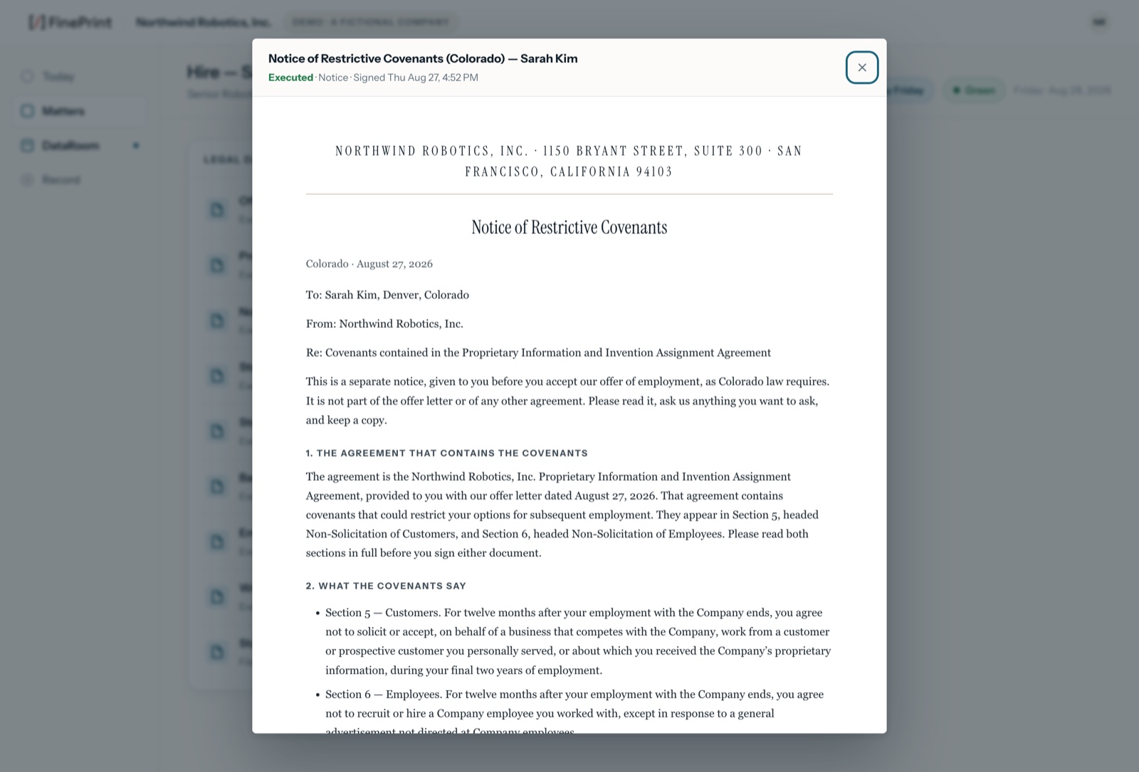 The executed Notice of Restrictive Covenants for Colorado, addressed to Sarah Kim in Denver, explaining that it is a separate notice given before she accepts, identifying the PIIA sections that contain the covenants, and summarizing the twelve-month customer and employee non-solicitation terms in plain language.